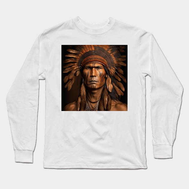 [AI Art] Proud Native American Man With Headdress Long Sleeve T-Shirt by Sissely